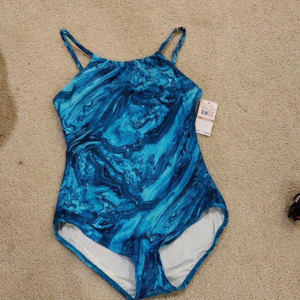 New!Michael Kors Tile Blue Mailtot One piece Swimsuit Sz 12 Vintage Y2K Cottagec